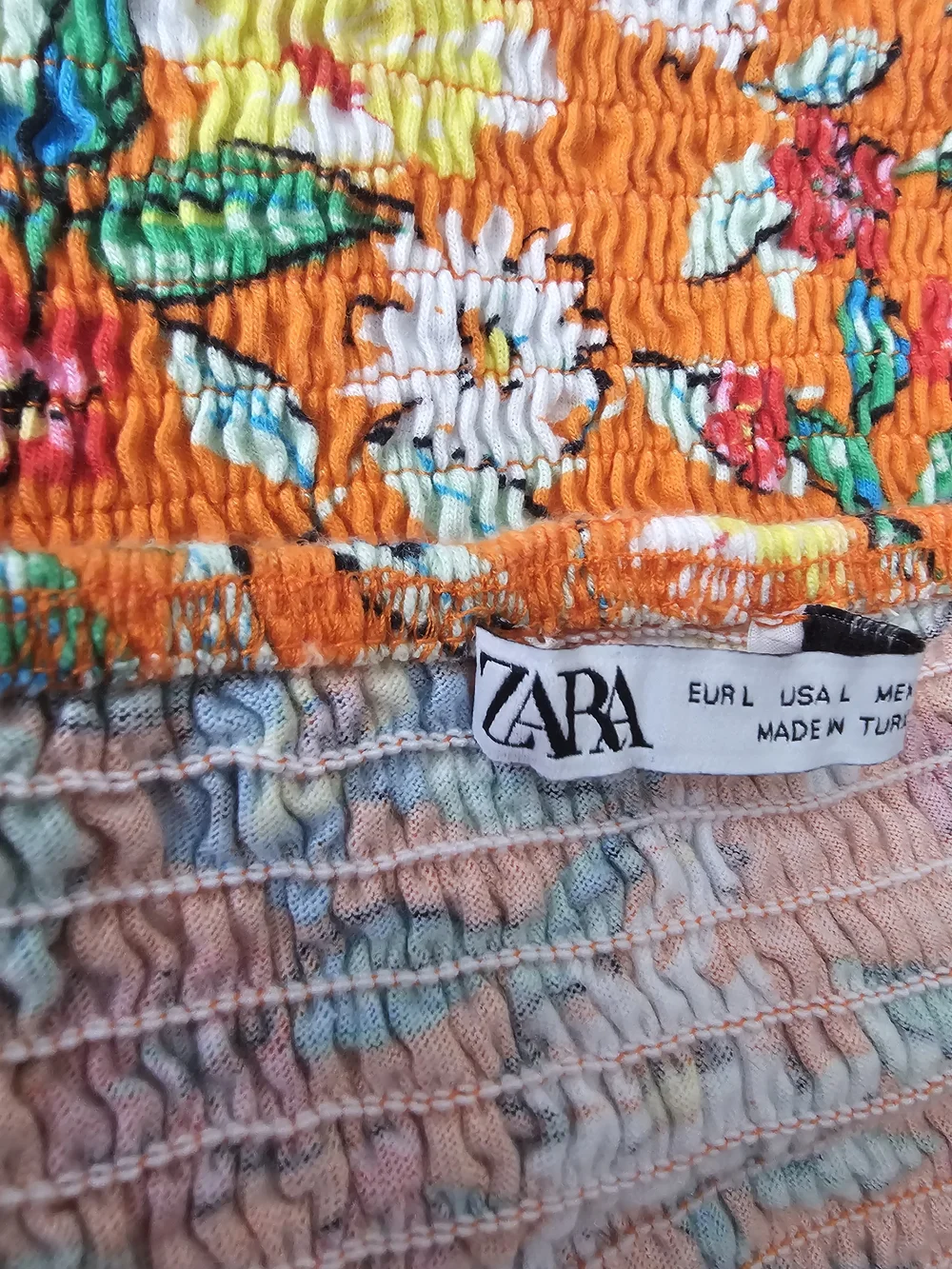 Zara Floral Crop Top  Smocked On or Off Shoulder Orange Multi Boho Western Sz L - Picture 10 of 12